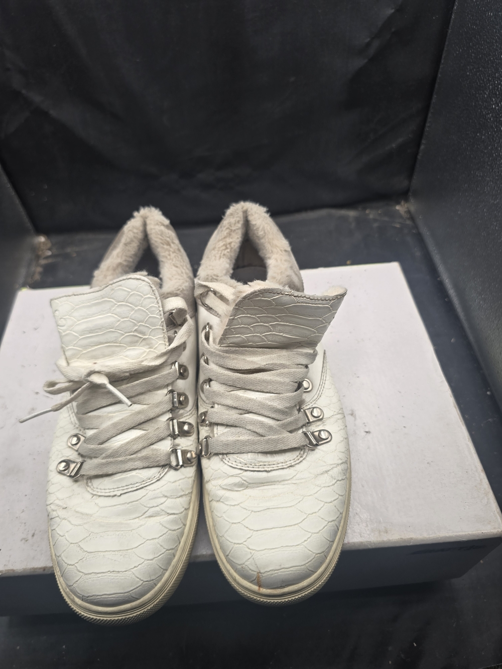 White Faux-Croc Lace-Up Mules with Plush Lining
